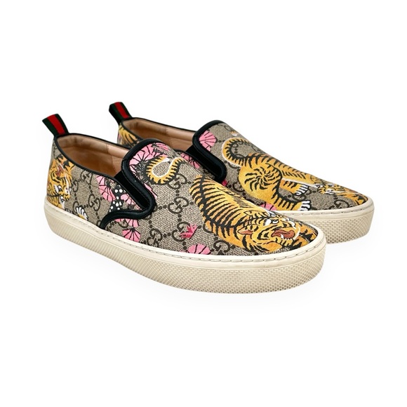 Gucci GG Supreme Monogram Print Bengal Tiger Gray Printed Slip-On Sneakers sz 38 - Picture 2 of 11
